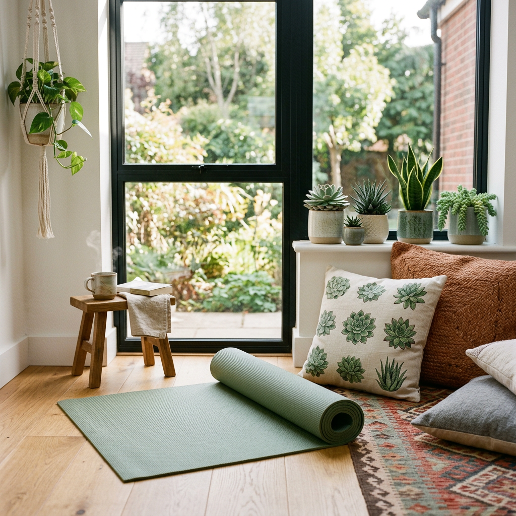 Partially rolled yoga mat by big window, succulents cushions