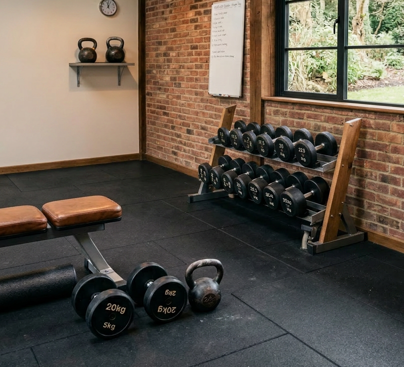 Home gym with dumbbells, kettlebells, weight bench, and squat rack near large windows