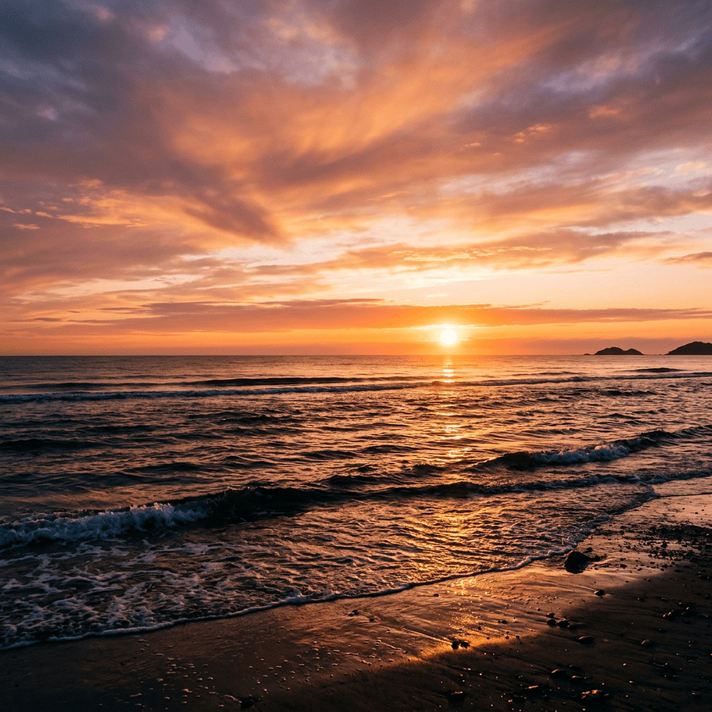 Sunset over ocean with waves gently lapping shore and colorful sky