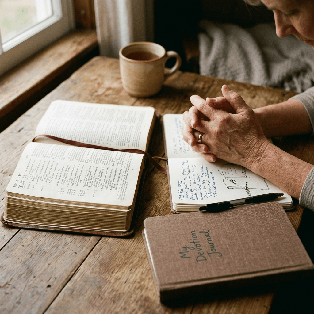 Hands clasped in prayer next to an open Bible, a handwritten devotion journal, and a cup of tea