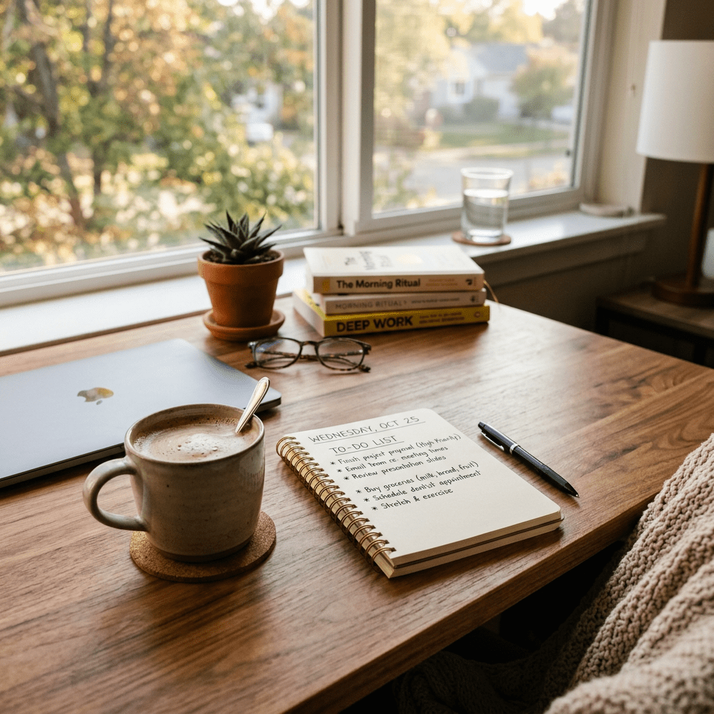 Desk with notebook, coffee cup, laptop, glasses, books, and glass of water by window