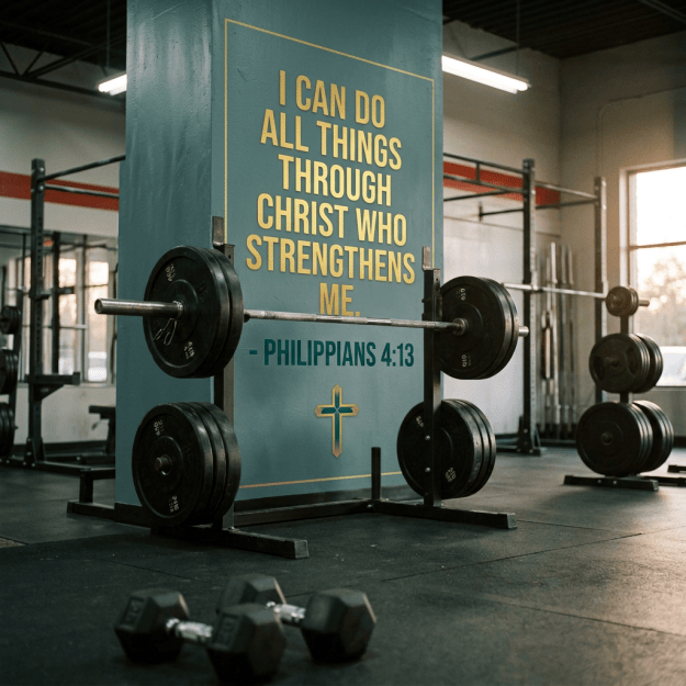 Loaded barbell beneath a Philippians 4:13 motivational quote